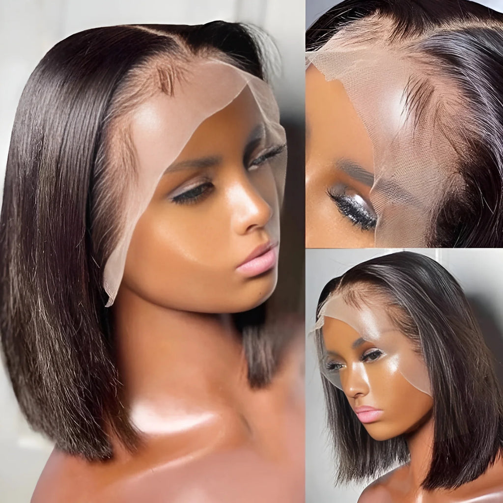 Short Bob 100% Human Hair 13x4 HD Lace Front Wigs Bone Straight 200 Density Transparent Lace Frontal Brazilian Hair Wig