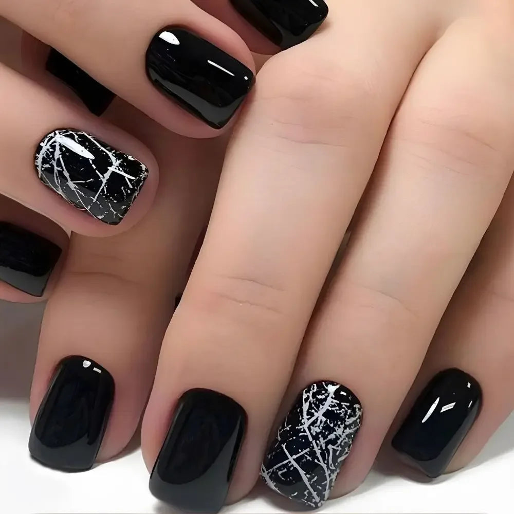 24pcs Short Square Nails Glitter Flower Wave French Nails