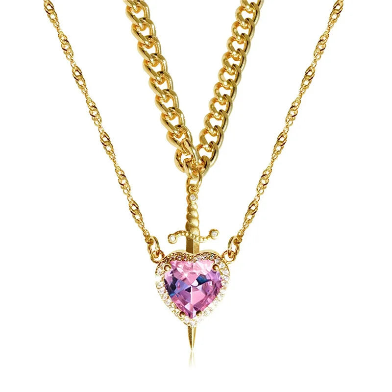Heart and Sword Necklace Couple Necklaces Zircon Crystal Ring Bracelet Necklace Jewelry Set for Romantic Valentine's Day Gifts