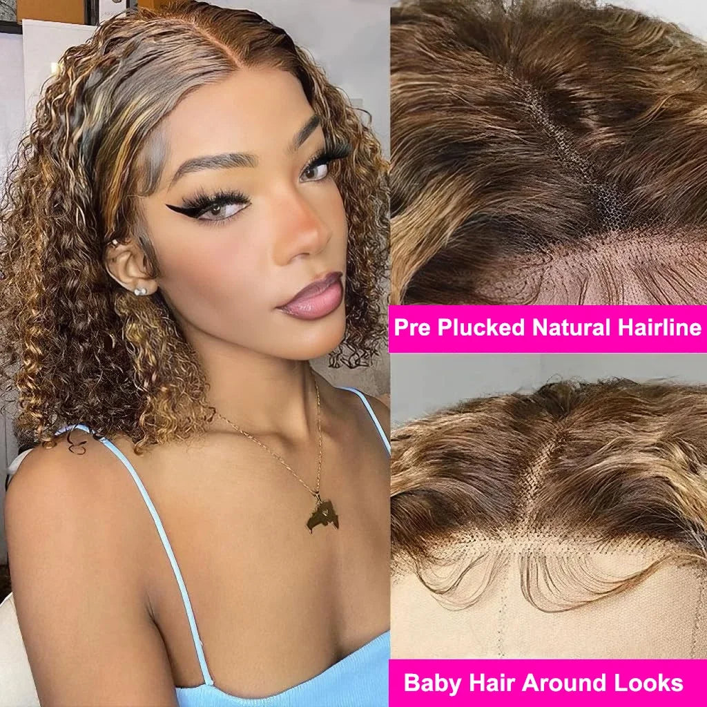 Deep Culry Highlight 4/27 Color 100% Human Hair 16Inch Bob Wigs 13x4 HD Lace Frontal Bob Human Hair Wig 200%Density Remy Bob Wig