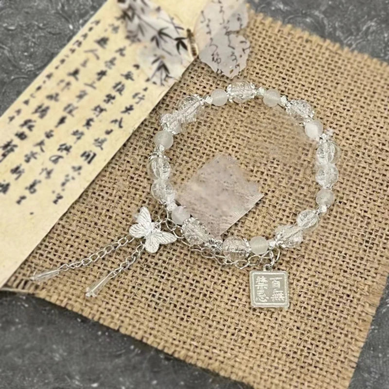 Translucent Resin Bangle for Women Chinese Style Tassel Bells Bracelet Crystal Beads Chain Bracelet Silver Color Alloy Jewelry
