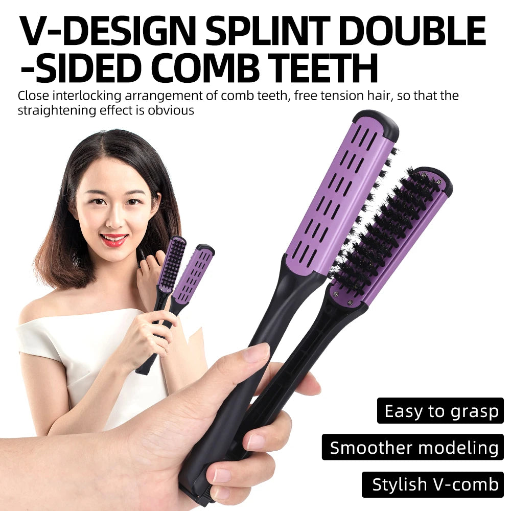 Professional V-Shape Hair Straightening and Curling Brush - High-Temperature Pure Boar Bristle Multi-Functional Styling Comb