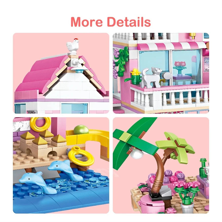 Summer Holiday City House Seaside Villa Building Blocks Apartment Street View Figures DIY Bricks Toys for Kid Girls Friends Gift