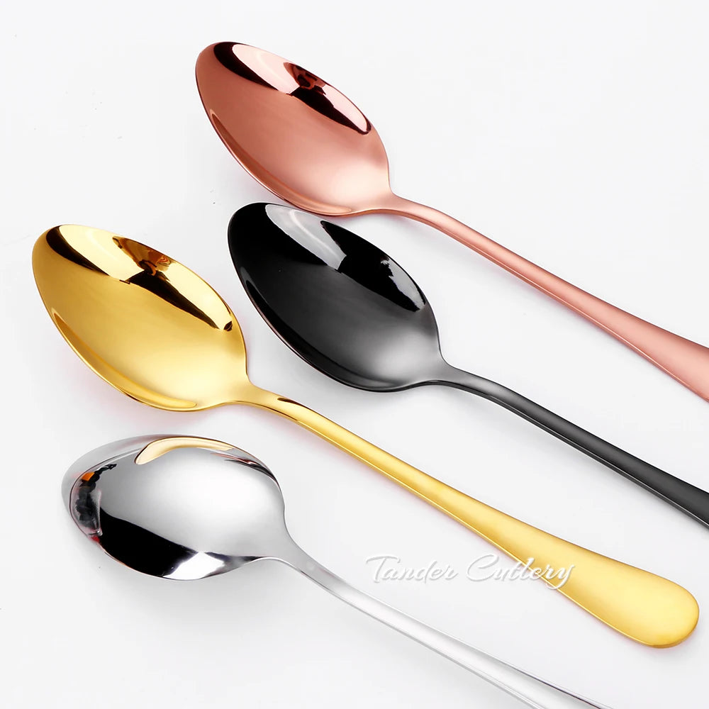 4/6/12 Pieces Stainless Steel Dessert Spoon Black Stirring Spoon Ice Cream Cake Sliver Spoons Set Gold Cutlery Mirror Tableware