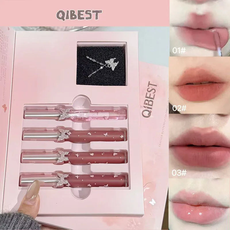 QIBEST New Feather Butterfly Soft Color Lip Makeup Kit Include 3*Matte Liquid Lipstick And 1*Lip Oil Cosmetics Set With Necklace Cosmetics