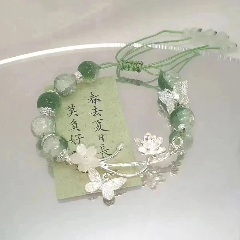 Translucent Resin Bangle for Women Chinese Style Tassel Bells Bracelet Crystal Beads Chain Bracelet Silver Color Alloy Jewelry