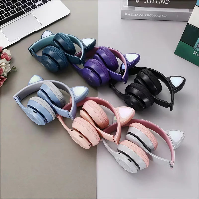 P47M Wireless Bluetooth Headset Gamer Cat LED Light Foldable Noise Cancelling