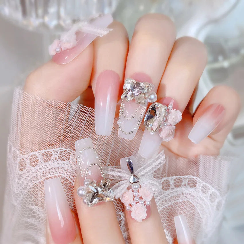 Blush Pink False Nails Bowknot Diamond Pearl Nails