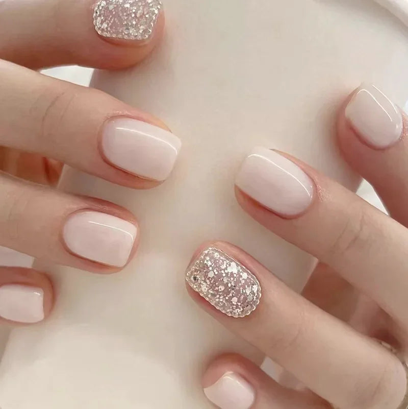 24pcs Short Square Nails Glitter Flower Wave French Nails