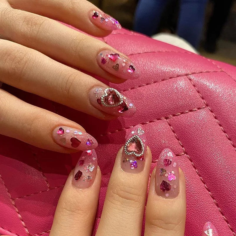 Blush Pink False Nails Bowknot Diamond Pearl Nails