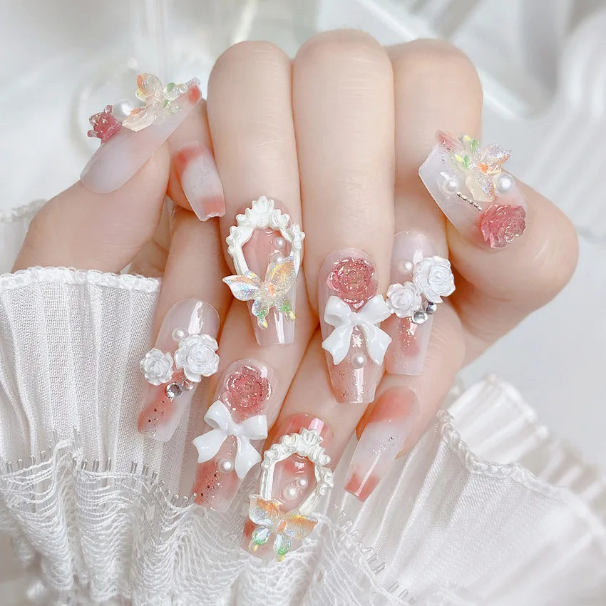 Blush Pink False Nails Bowknot Diamond Pearl Nails