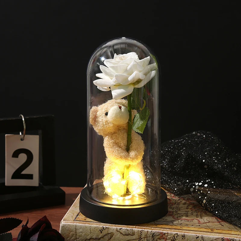 Christmas Valentine's Day Gifts Eternal Rose Flowers in Glass Cover Simulation Rose Flower Desktop Ornament For Girlfriends