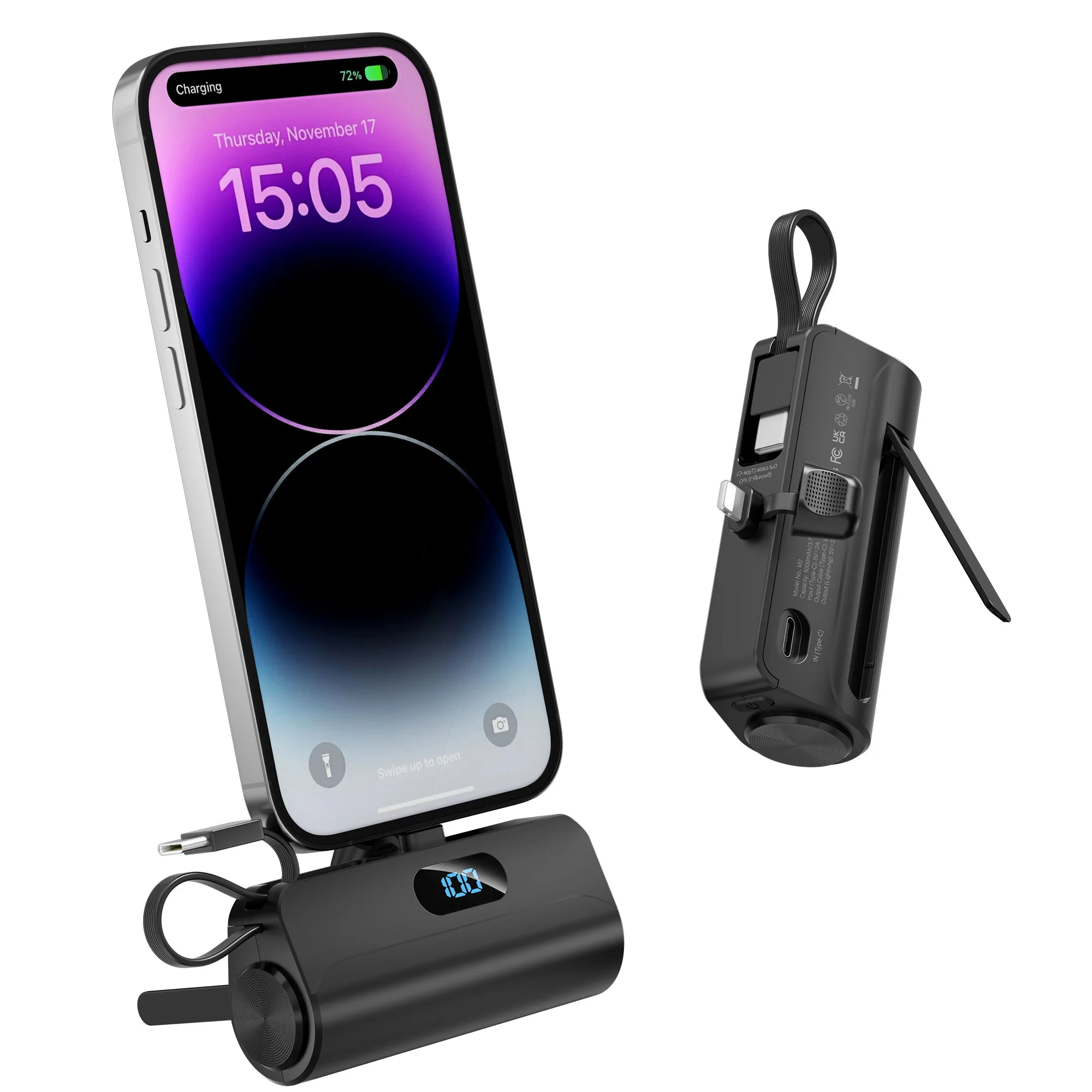 Battery Pack Mini Portable Charger 5000mAh PowerBank,Built-in ioS Interface & USB-C Cable Cell PhonePortable Power, LED Display