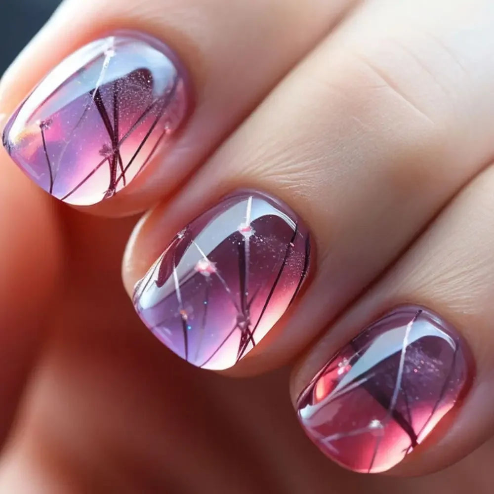 24pcs Short Square Nails Glitter Flower Wave French Nails