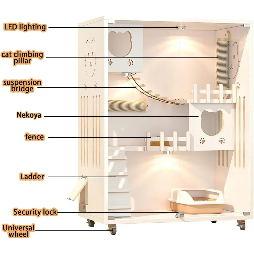 Wood Cat House, Indoor/Outdoor Cat Cage Large Space