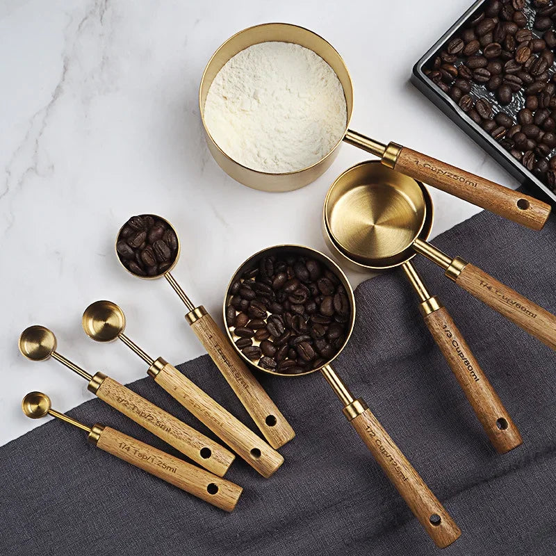 8 Piece Golden Stainless Steel Measuring Spoon Set with Wooden Handle for Baking Coffee Cooking Kitchen Tools