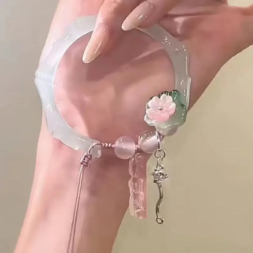 Translucent Resin Bangle for Women Chinese Style Tassel Bells Bracelet Crystal Beads Chain Bracelet Silver Color Alloy Jewelry
