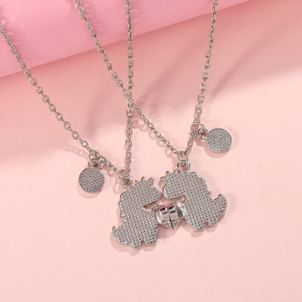 2Pcs/Set BFF Charms Pink Blue Cartoon Dinosaur Heart Design Necklace Cute Lovers Couple Valentine's Day Jewelry Gift