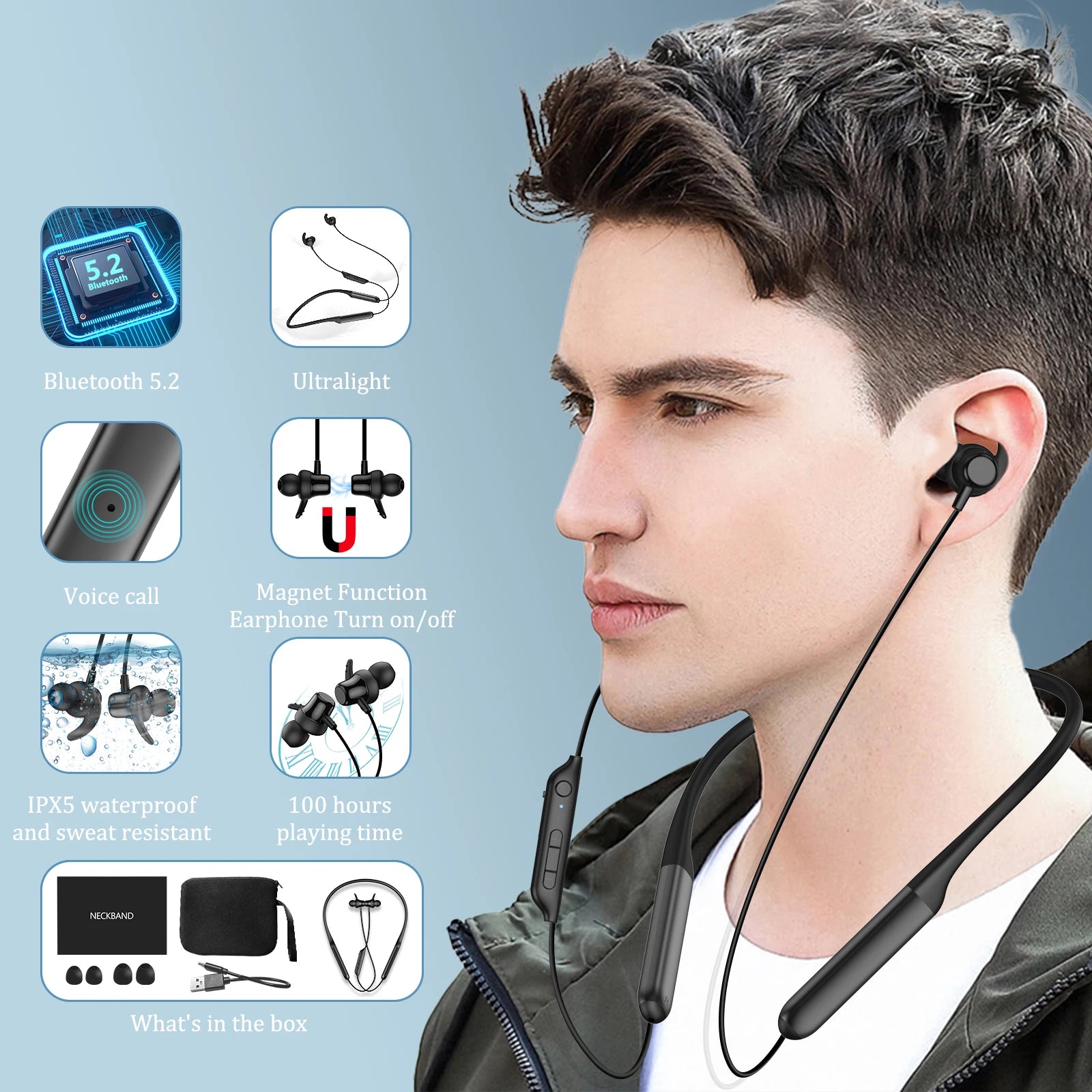 Nurati N1 5.2 Sport BT 100 Hours, Bluetooth Wireless Headset with Noise-Cancelling