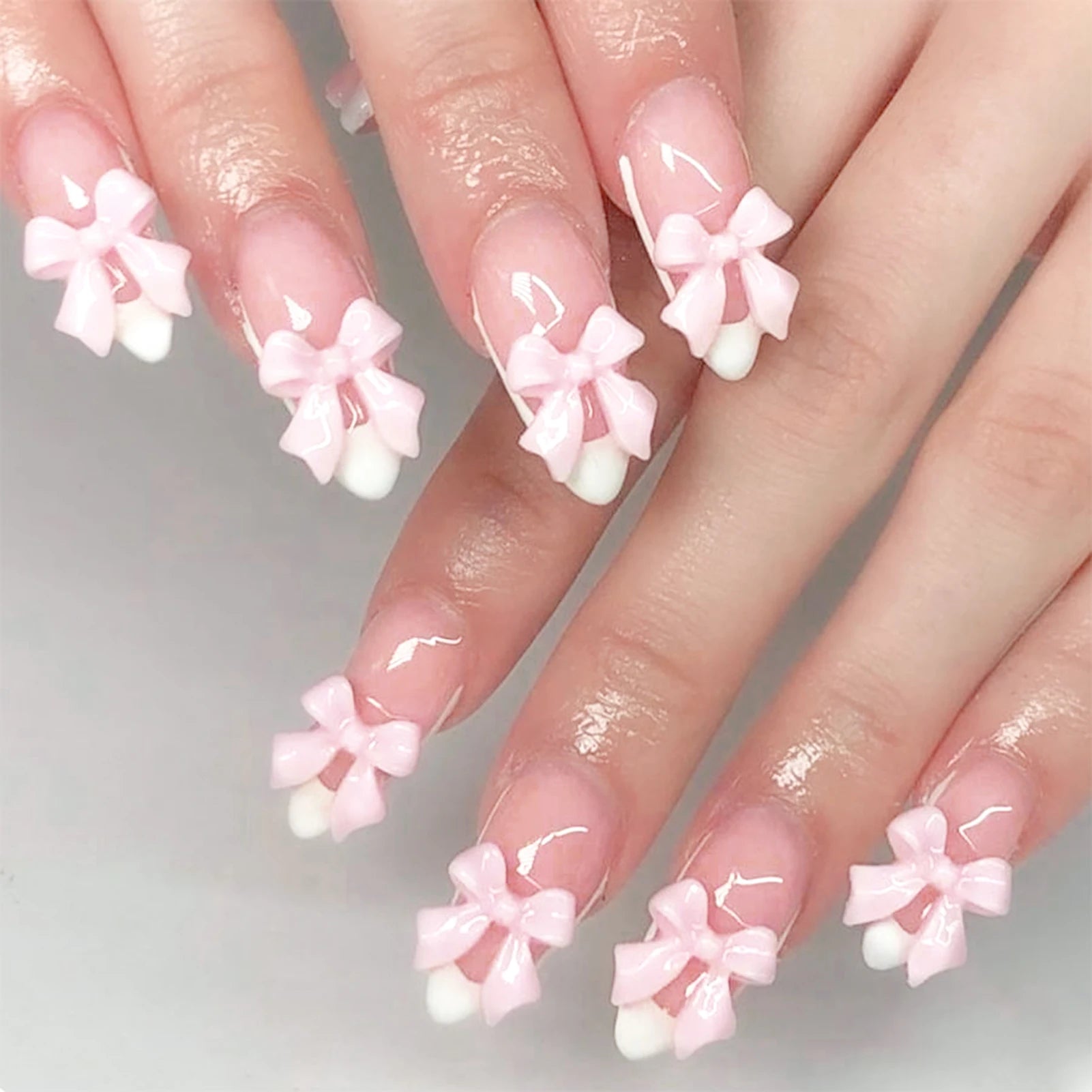 Blush Pink False Nails Bowknot Diamond Pearl Nails