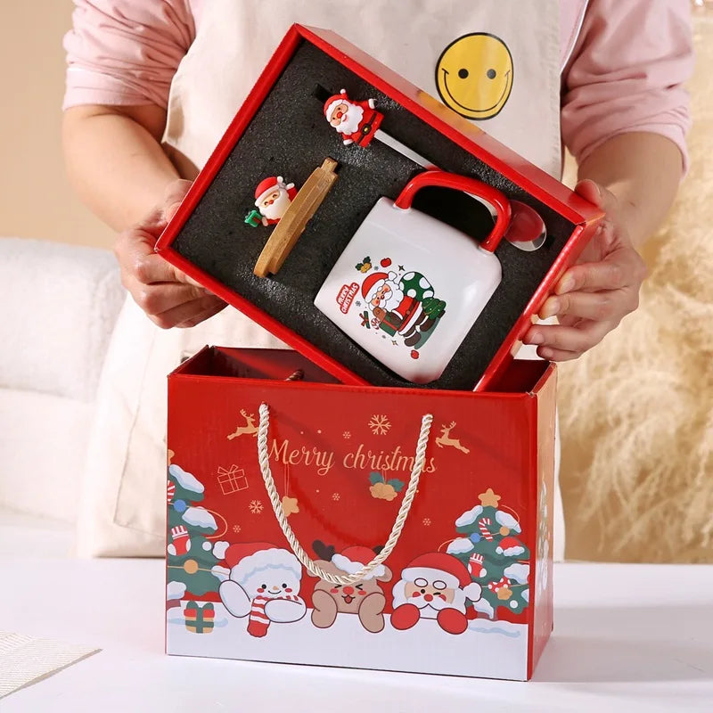 Christmas Gift Box Mug Coffee Milk Tea Breakfast Cup Festive Christmas Xmas Theme Ceramic Mug Cup Set with Lid And Spoon