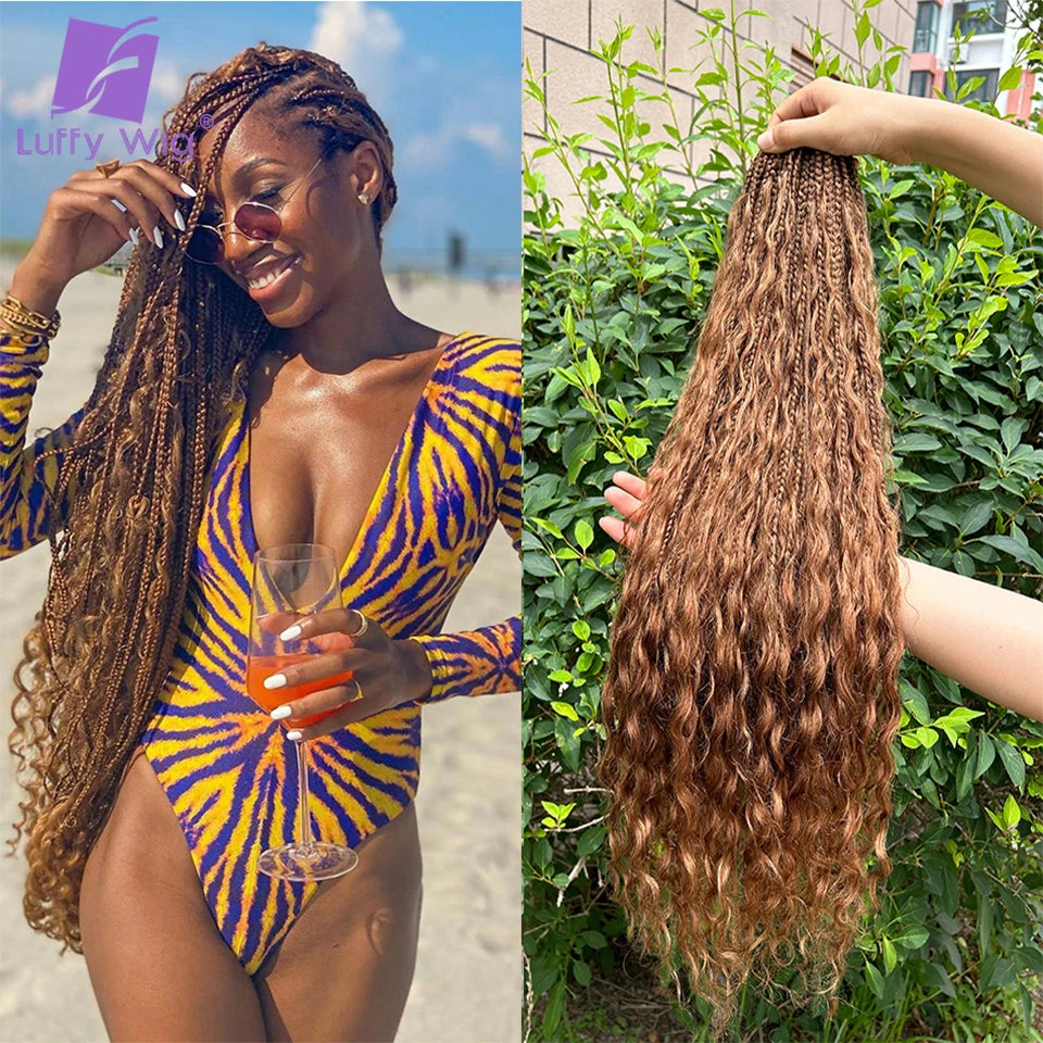 Crochet Boho Box Braids #30 Color Brown Human Hair Curly Full Ends With Pre Looped Braiding Goddess Hair Extensions For Women