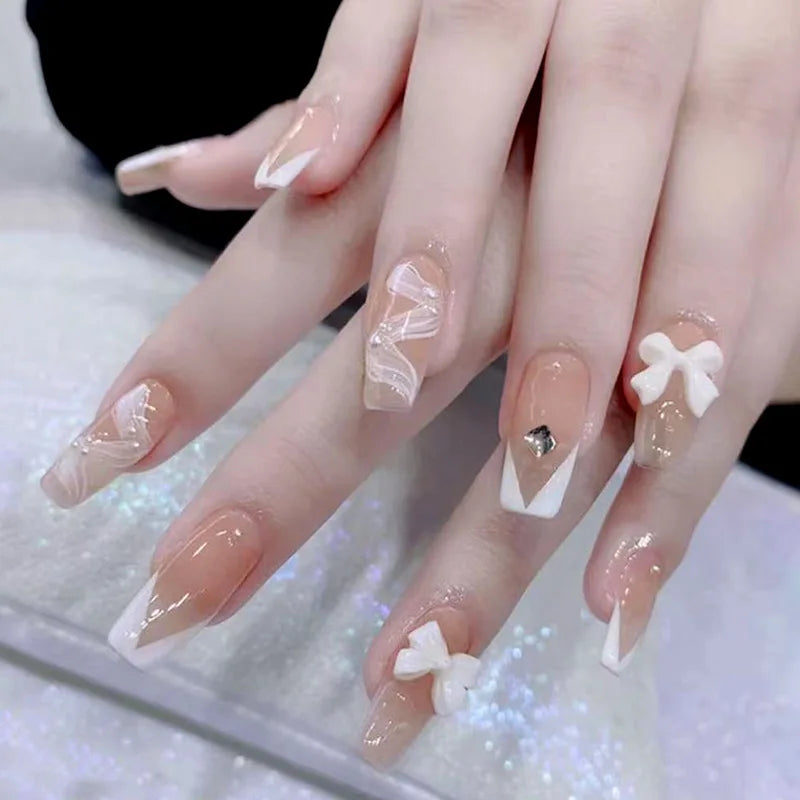 Blush Pink False Nails Bowknot Diamond Pearl Nails