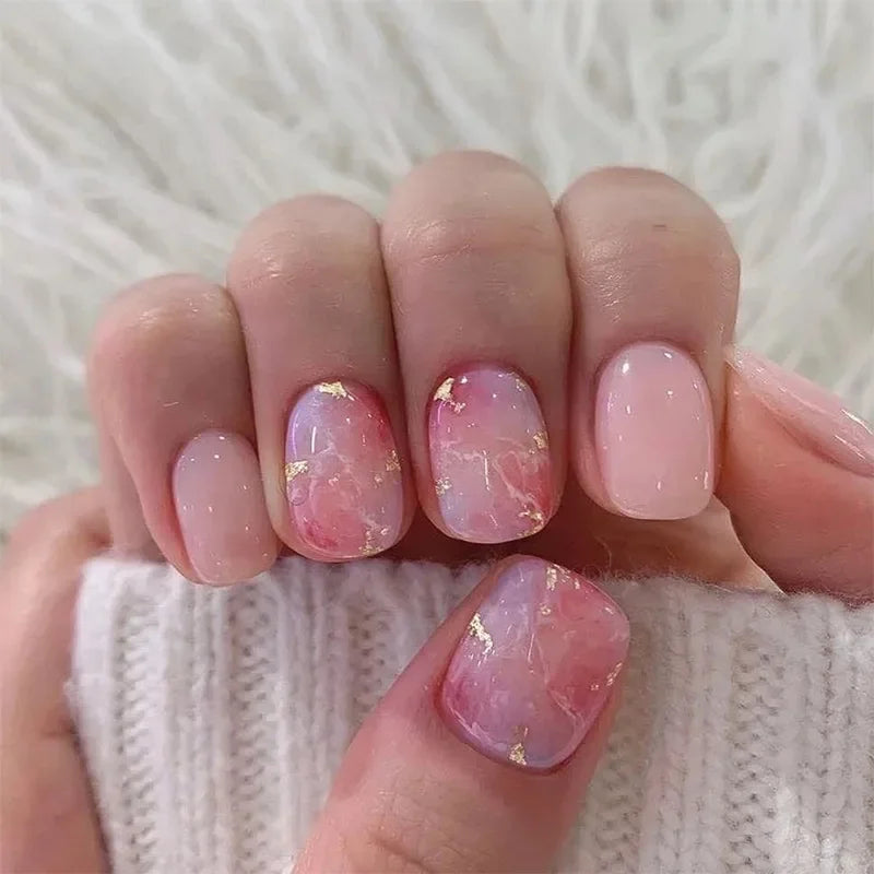 24pcs Short Square Nails Glitter Flower Wave French Nails