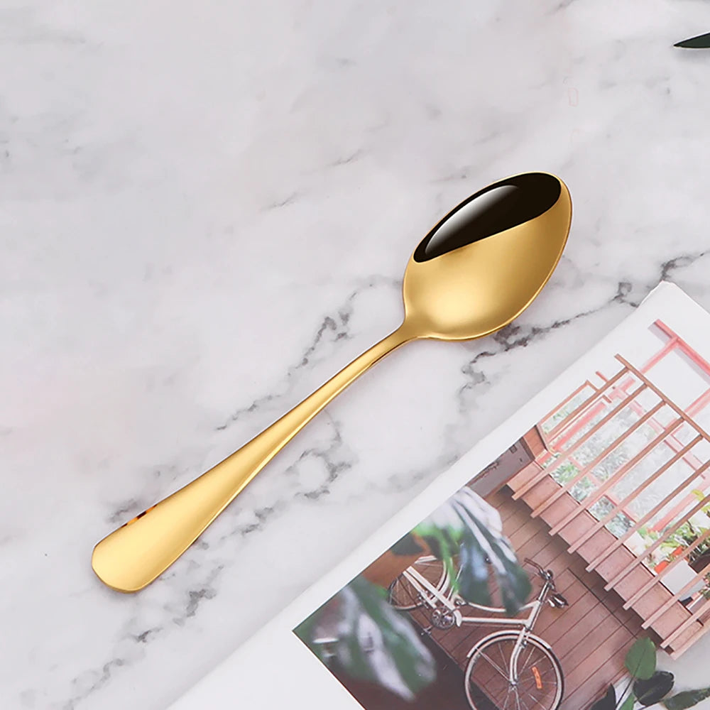 4/6/12 Pieces Stainless Steel Dessert Spoon Black Stirring Spoon Ice Cream Cake Sliver Spoons Set Gold Cutlery Mirror Tableware