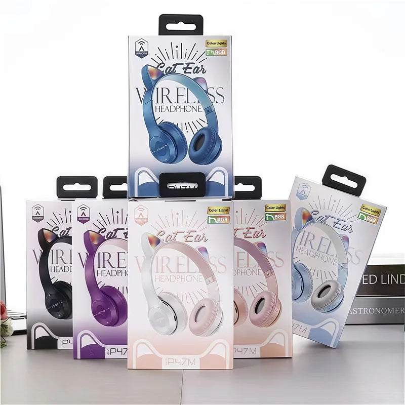 P47M Wireless Bluetooth Headset Gamer Cat LED Light Foldable Noise Cancelling