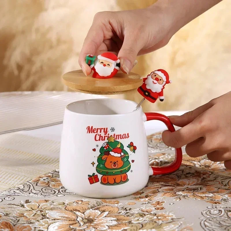Christmas Gift Box Mug Coffee Milk Tea Breakfast Cup Festive Christmas Xmas Theme Ceramic Mug Cup Set with Lid And Spoon