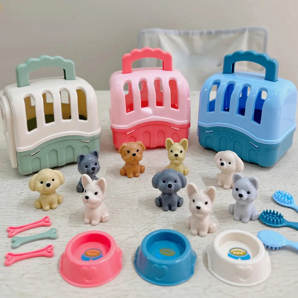 Mini Pet Doll House Toy Set with Dog Basket Simulation Animal Figures for Kids Toddlers Christmas Birthday Gifts for Girls Boys