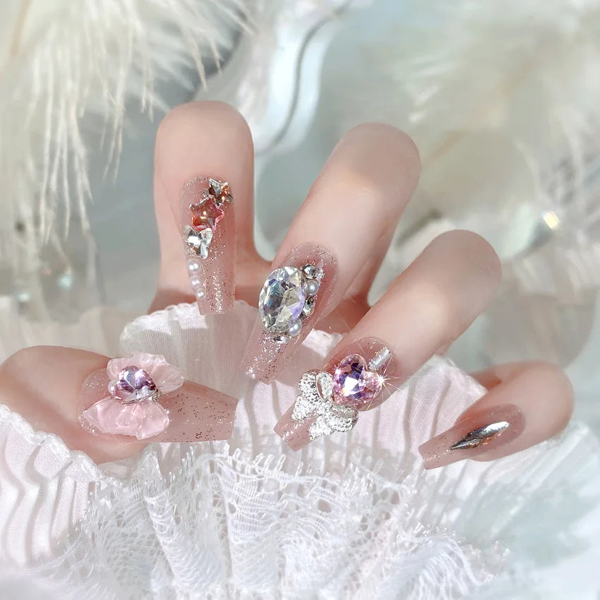 Blush Pink False Nails Bowknot Diamond Pearl Nails