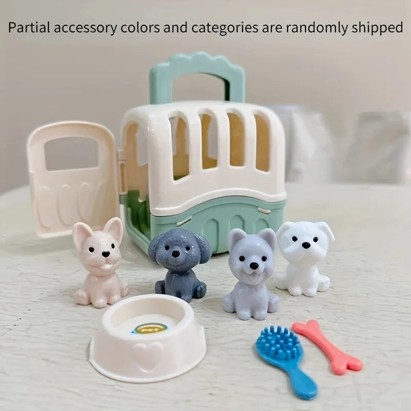 Mini Pet Doll House Toy Set with Dog Basket Simulation Animal Figures for Kids Toddlers Christmas Birthday Gifts for Girls Boys