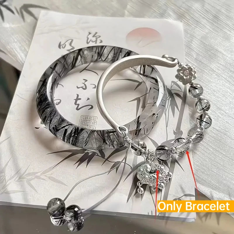Translucent Resin Bangle for Women Chinese Style Tassel Bells Bracelet Crystal Beads Chain Bracelet Silver Color Alloy Jewelry