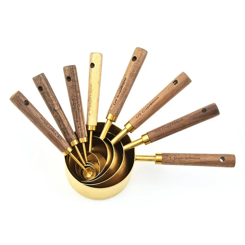 8 Piece Golden Stainless Steel Measuring Spoon Set with Wooden Handle for Baking Coffee Cooking Kitchen Tools