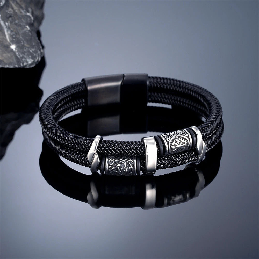 Norse Runes Double-Layer Unfading Steel Wire Rope Bracelets Men Stainless Steel Vikings Bangles Charm Couple Jewelry Male Gifts