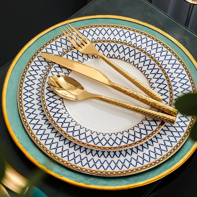 New European Style Light Luxury Bone China Steak Plate  Knife, Fork, Spoon, Napkin Buckle，Cloth Napkin，Wine Glass Tableware Set