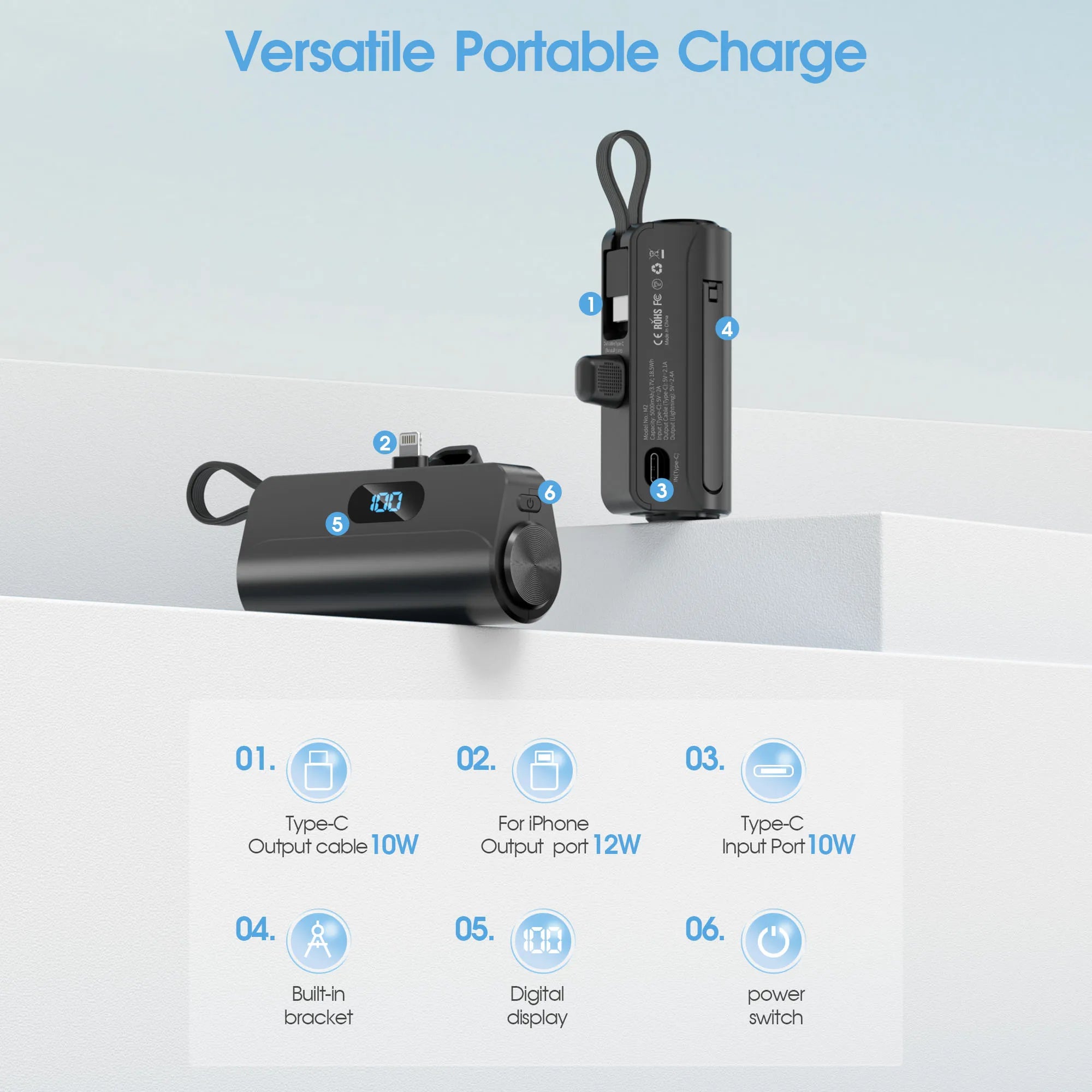 Battery Pack Mini Portable Charger 5000mAh PowerBank,Built-in ioS Interface & USB-C Cable Cell PhonePortable Power, LED Display