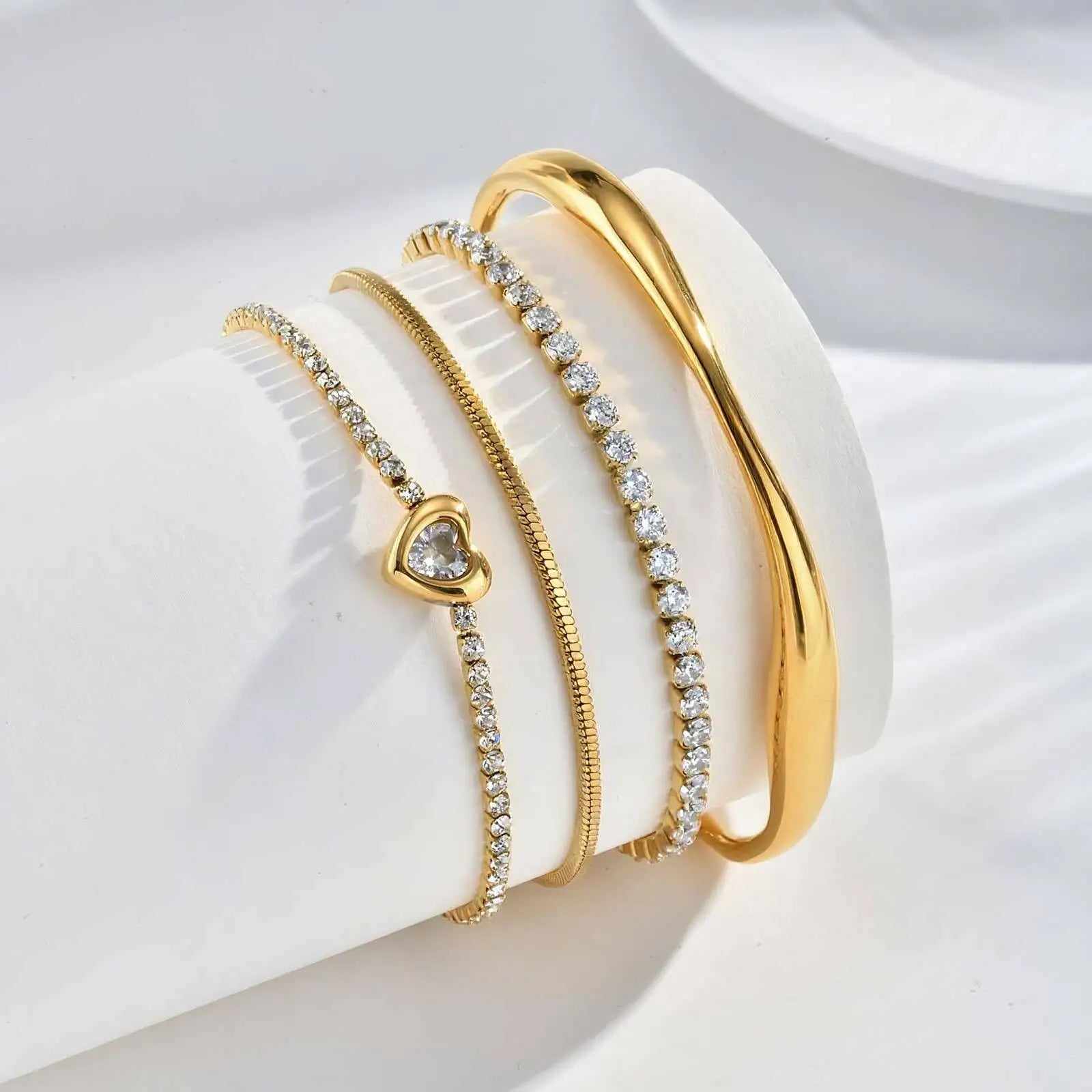 Vnox Clear Heart Zircon Snake Chain Bracelets Bangles For Women, Gold Color Stainless Steel Chain, Boho Elegant Jewelry Gifts