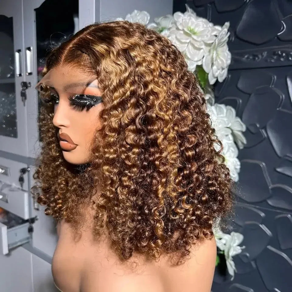 Deep Culry Highlight 4/27 Color 100% Human Hair 16Inch Bob Wigs 13x4 HD Lace Frontal Bob Human Hair Wig 200%Density Remy Bob Wig