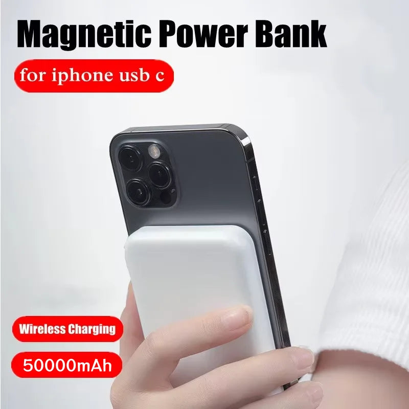 50000mAh Magnetic Power Bank Type-C Port External Battery Portable Wireless Charger for iPhone Xiaomi Huawei Spare Battery