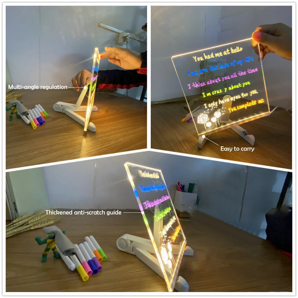 LED Note Board With Night Light Colorful 7 Pens DIY Acrylic Message Board Children‘s Drawing Board For Kids Birthday Gift