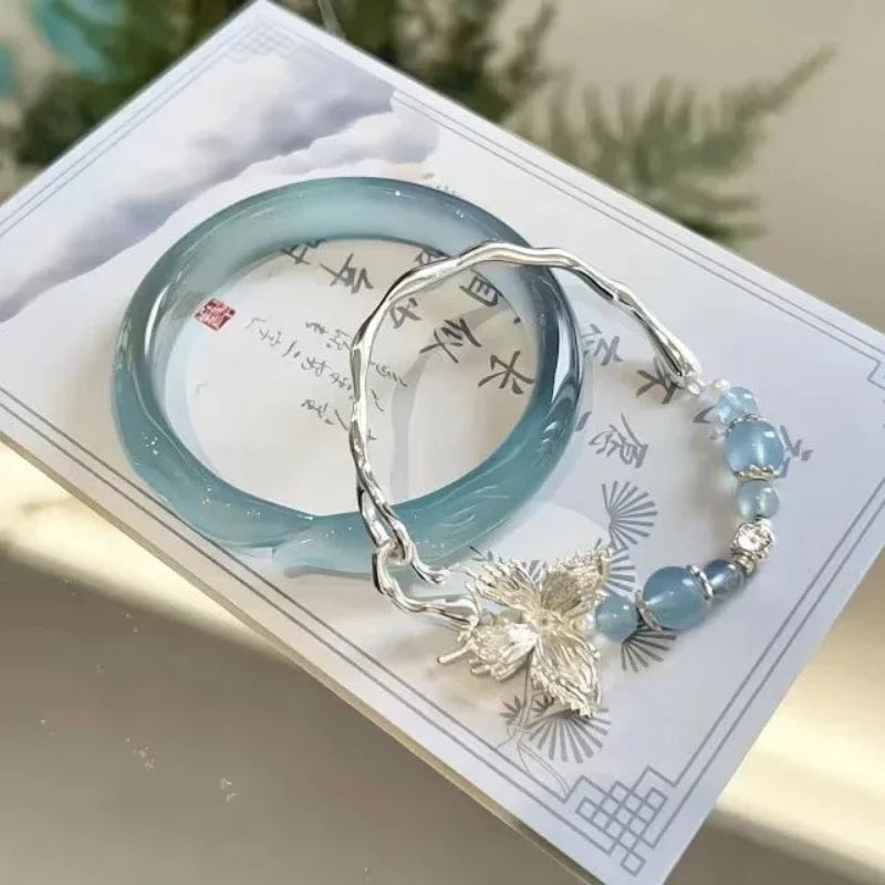 Translucent Resin Bangle for Women Chinese Style Tassel Bells Bracelet Crystal Beads Chain Bracelet Silver Color Alloy Jewelry
