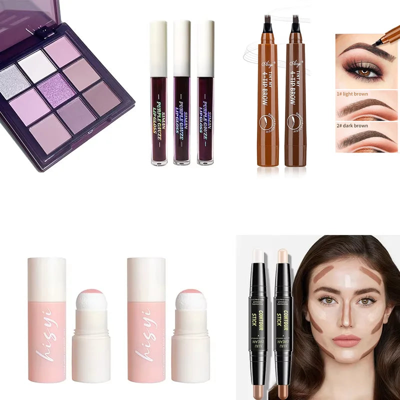 Complete Makeup Set - Includes Blush, Eyeshadow, Contour Pencil, Lip Gloss and Brow Pencil - Full Coverage Glossy (10-Pack) Kit