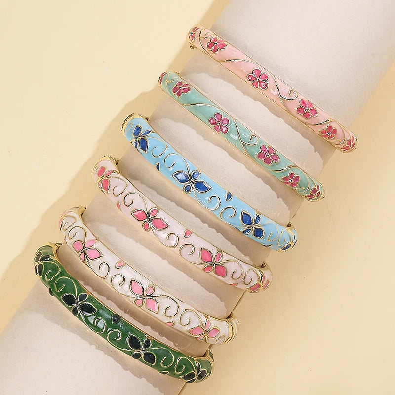 FTCY Flower Pattern Enamel Cloisonne Bracelet For Women Retro Gold Color Plated Bangles for Girls Women Jewelry Gifts