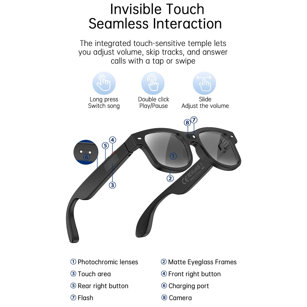 IUTECH Smart Glasses With 8MP Camera HD Color AI Translation  Bluetooth Call Voice Assistant