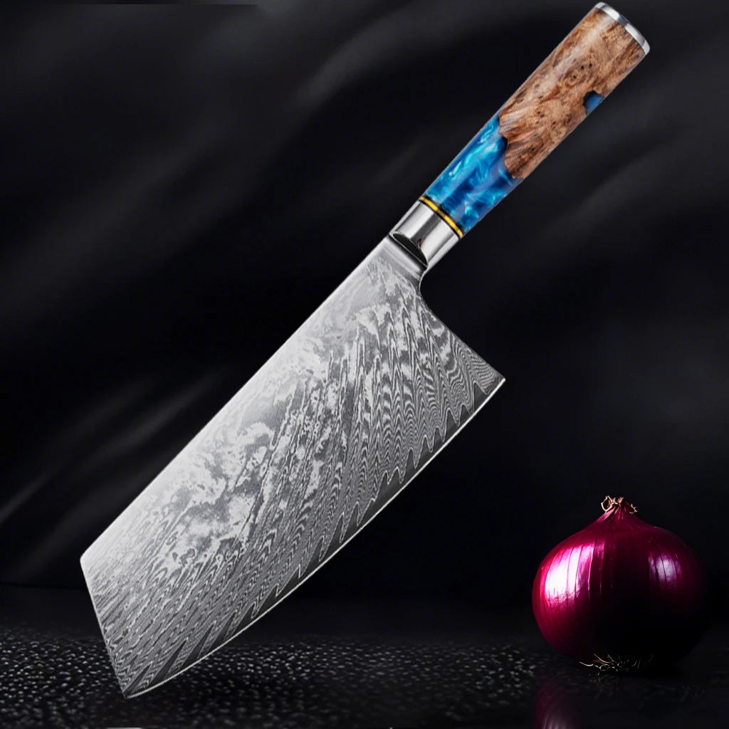 Damascus Knife Set 2 Pieces Japanese Kitchen Knife with VG10 Steel Core Blue Resin Handle Super Sharp Kitchen Chef's Knife