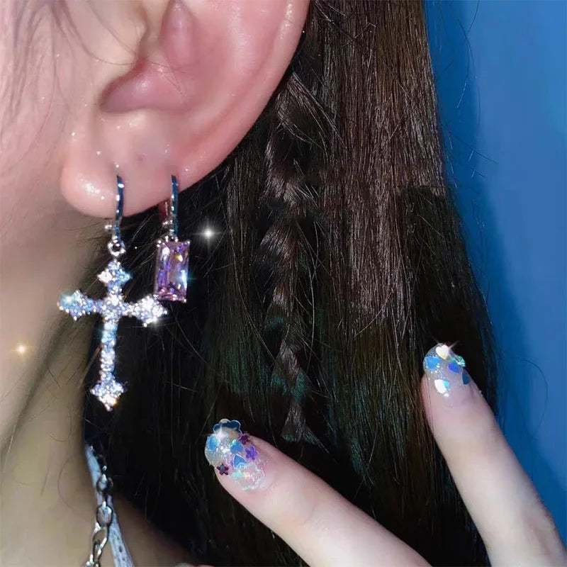 New Rhinestone Zircon Cross Pendant Earrings For Women Korean Fashion Drop Hoop Earrings Birthday Party Jewelry Gifts