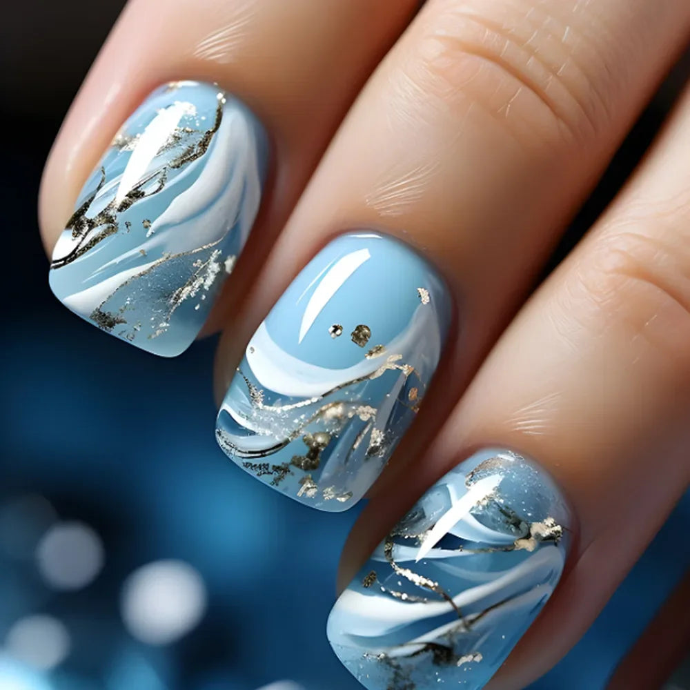 24pcs Short Square Nails Glitter Flower Wave French Nails